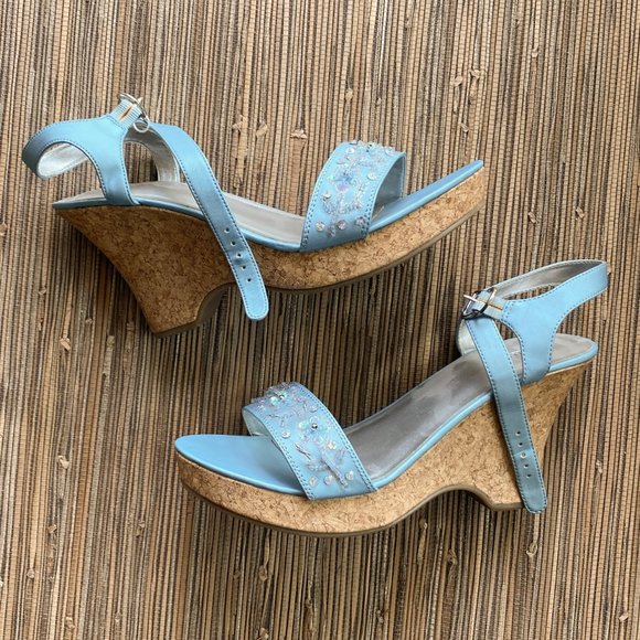 Fioni Baby Blue Satin Shoes with Embellishments & Cork-Wedge Sandals - Size 11W - Picture 4 of 10